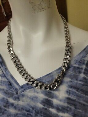 Silver Tone Rhinestone Pave Curb Chain Necklace